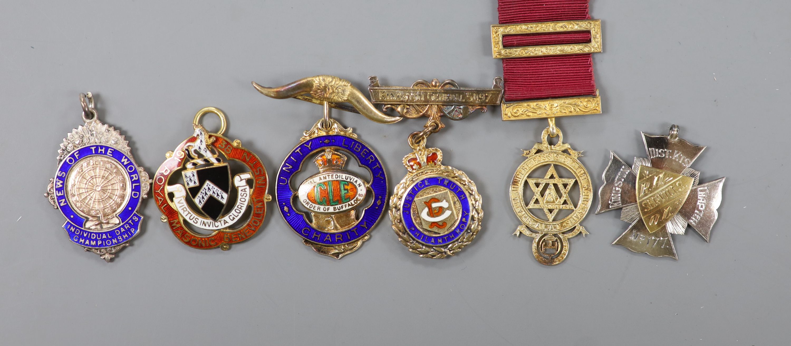 Six assorted silver or silver gilt masonic jewels, some with enamel.